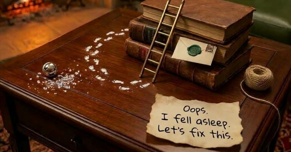 A trail of tiny footprints in spilled sugar across a table, a miniature brass ladder against a stack of old books, a green-sealed envelope, a jingle bell and a handwritten note reading “Oops. I fell asleep. Let’s fix this.”