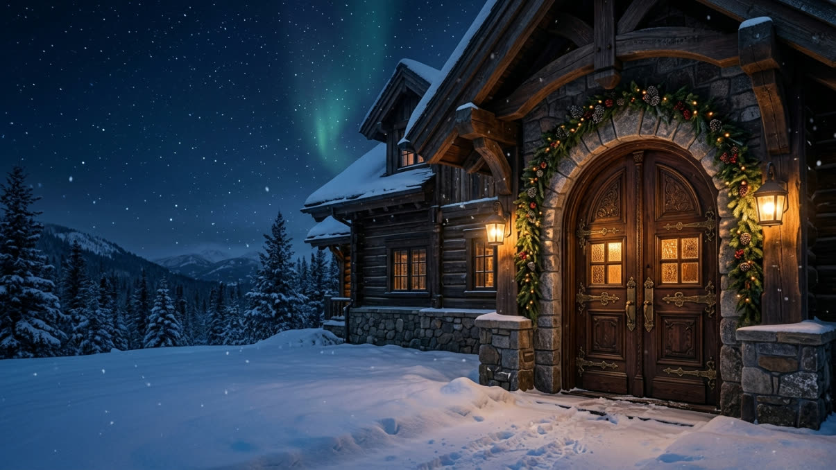 A snow-covered timber lodge at night under the northern lights, its carved doors closed, lanterns burning either side.